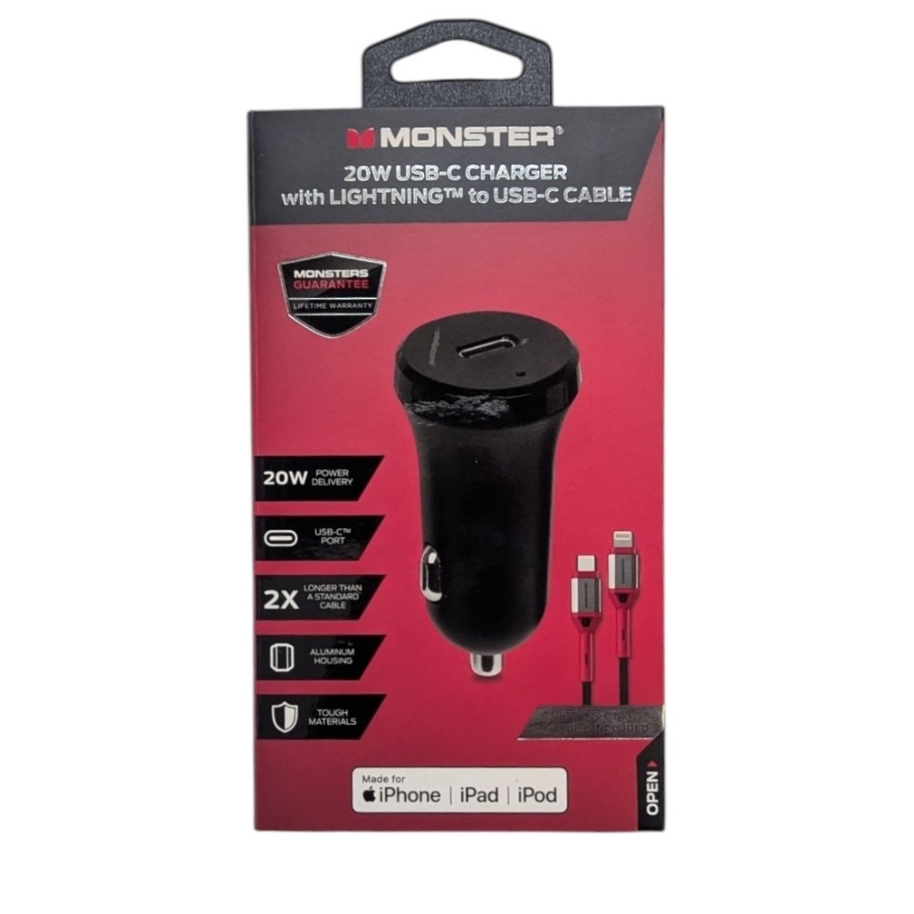 Monster 20W Car Charger for iPhone iPad + USB-C Lightning Cable